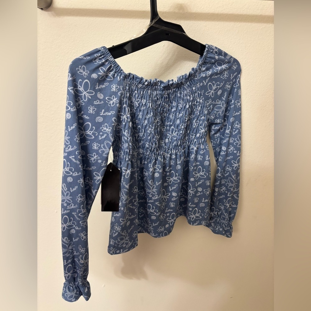 Blue Floral Smocked Girl's Top - Picture 5 of 5